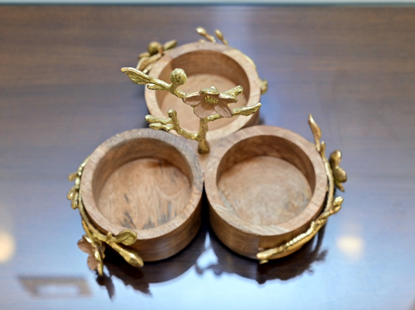 POSH-DIKUR Wooden Triple Serving Bowls With Floral Metal Design
