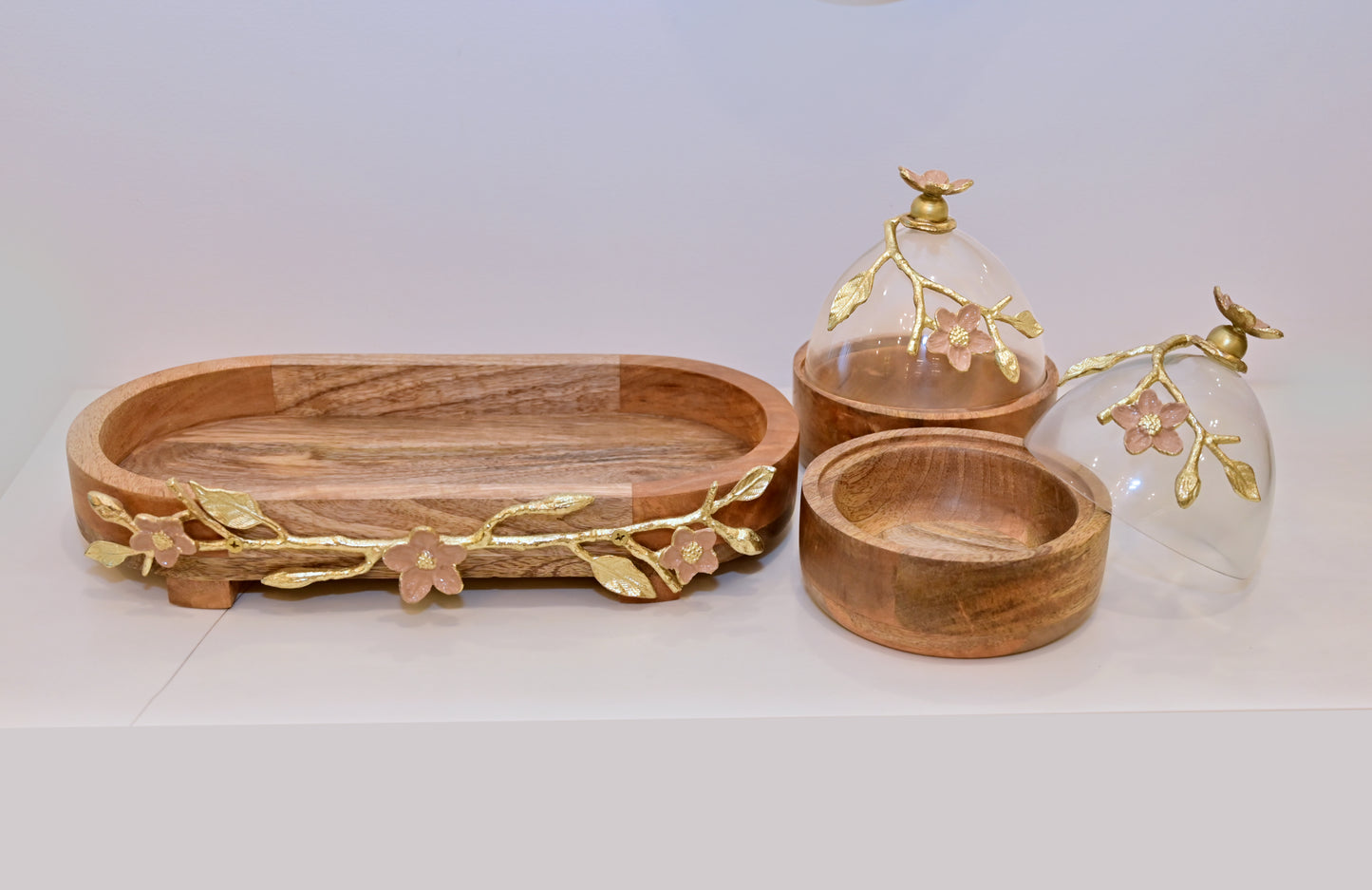 POSH-DIKUR Wood, Metal, and Glass Decorative Twin Snack Serveware with Tray