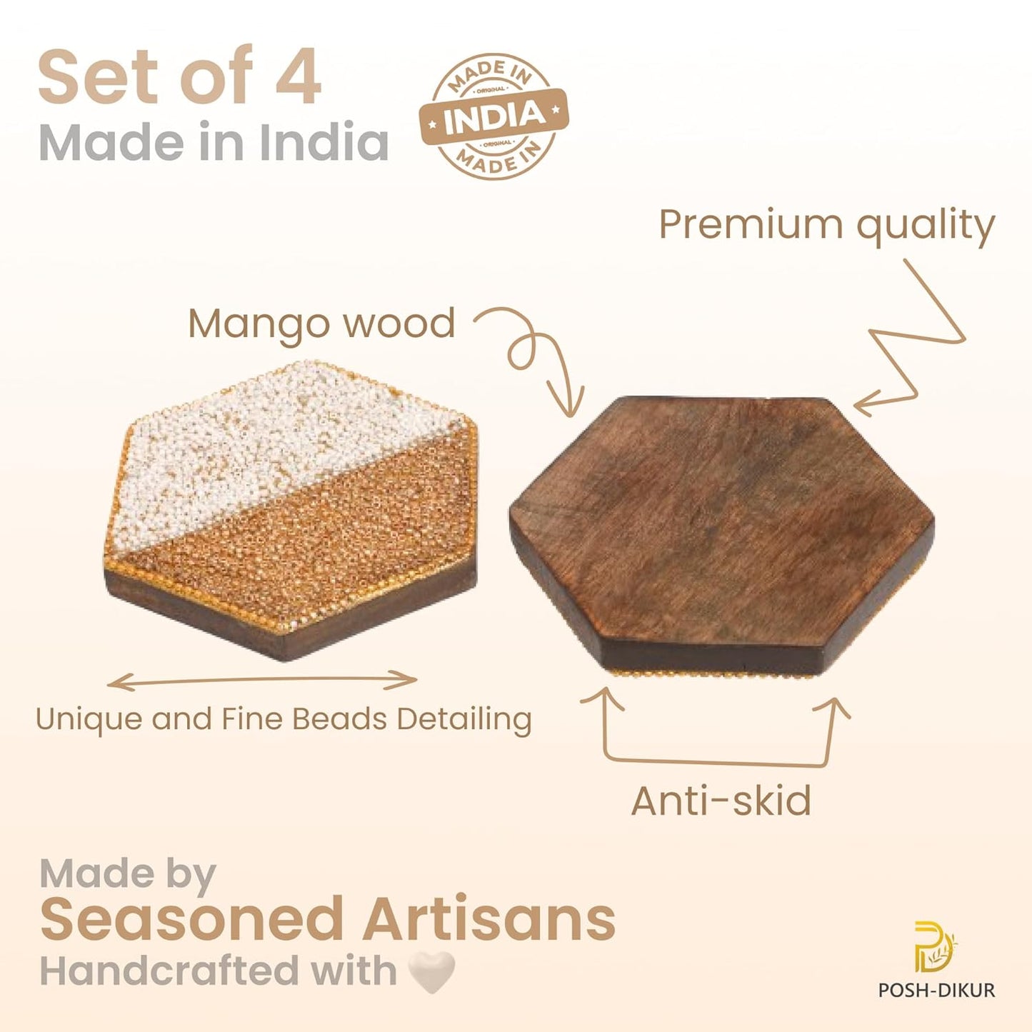 POSH-DIKUR Glamorous Golden White Beaded Coasters