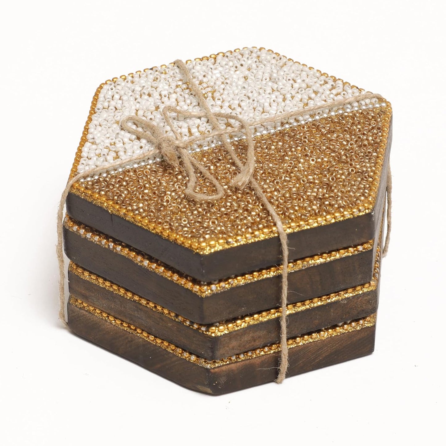 POSH-DIKUR Glamorous Golden White Beaded Coasters