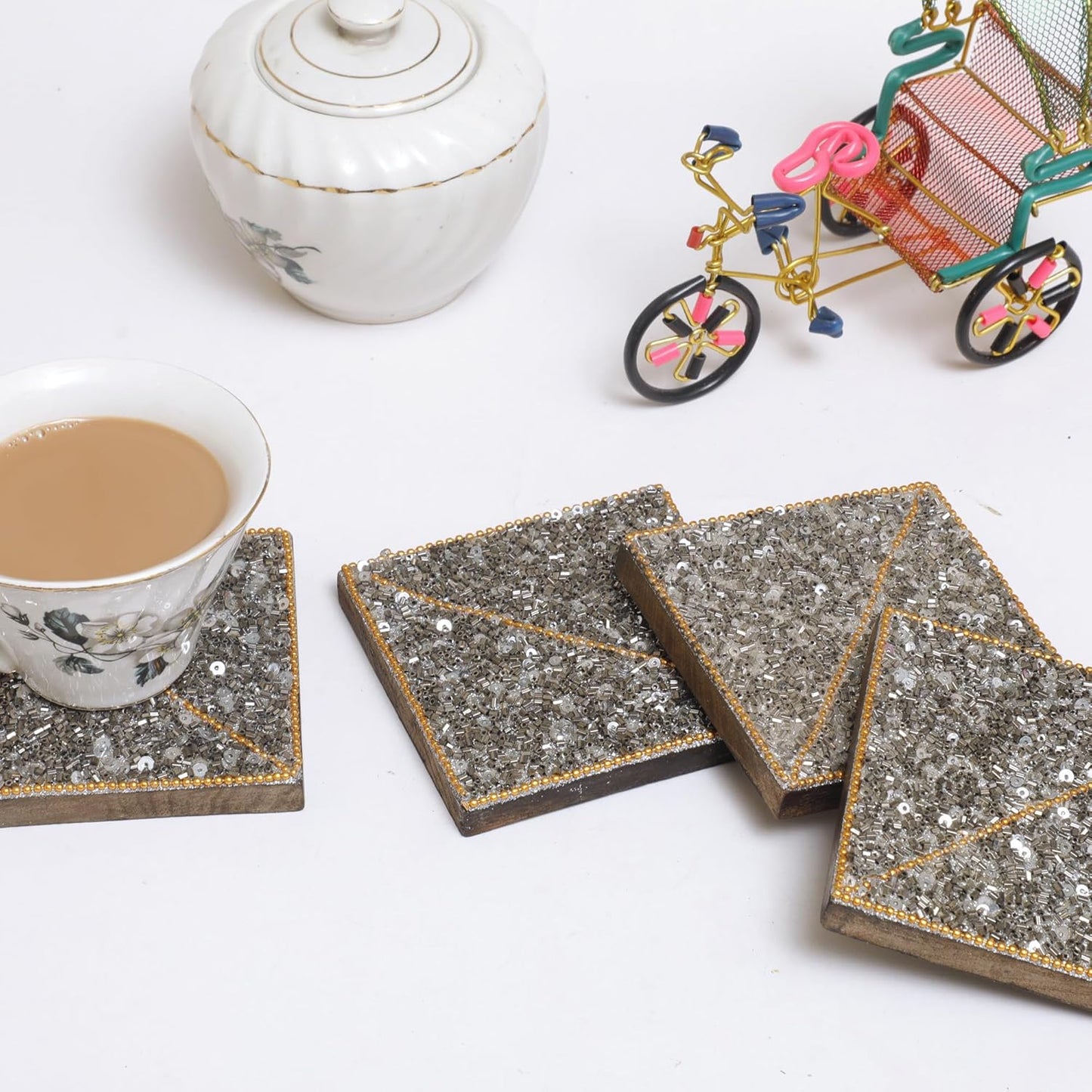 POSH-DIKUR Stylish Gray Beaded Coasters