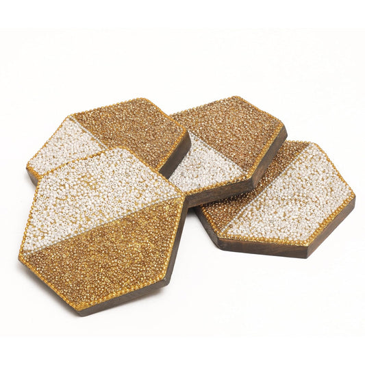 POSH-DIKUR Glamorous Golden White Beaded Coasters