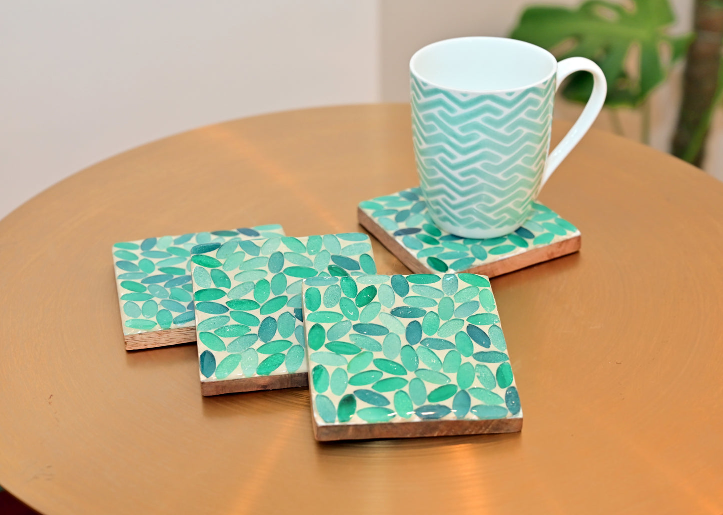 POSH-DIKUR Handmade Turquoise Coloured Leaves Wooden Coasters