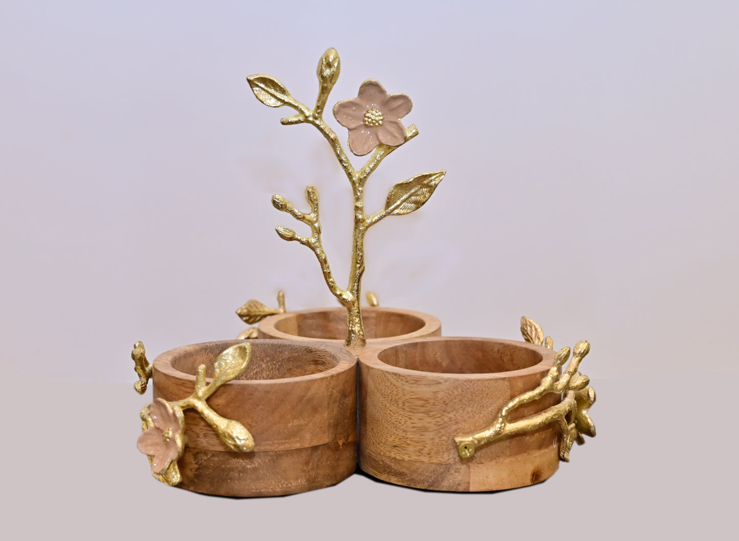 POSH-DIKUR Wooden Triple Serving Bowls With Floral Metal Design