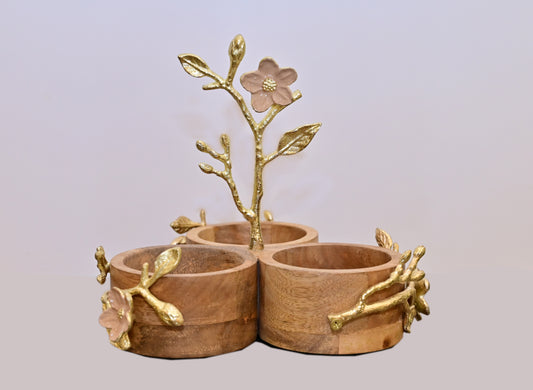 POSH-DIKUR Wooden Triple Serving Bowls With Floral Metal Design