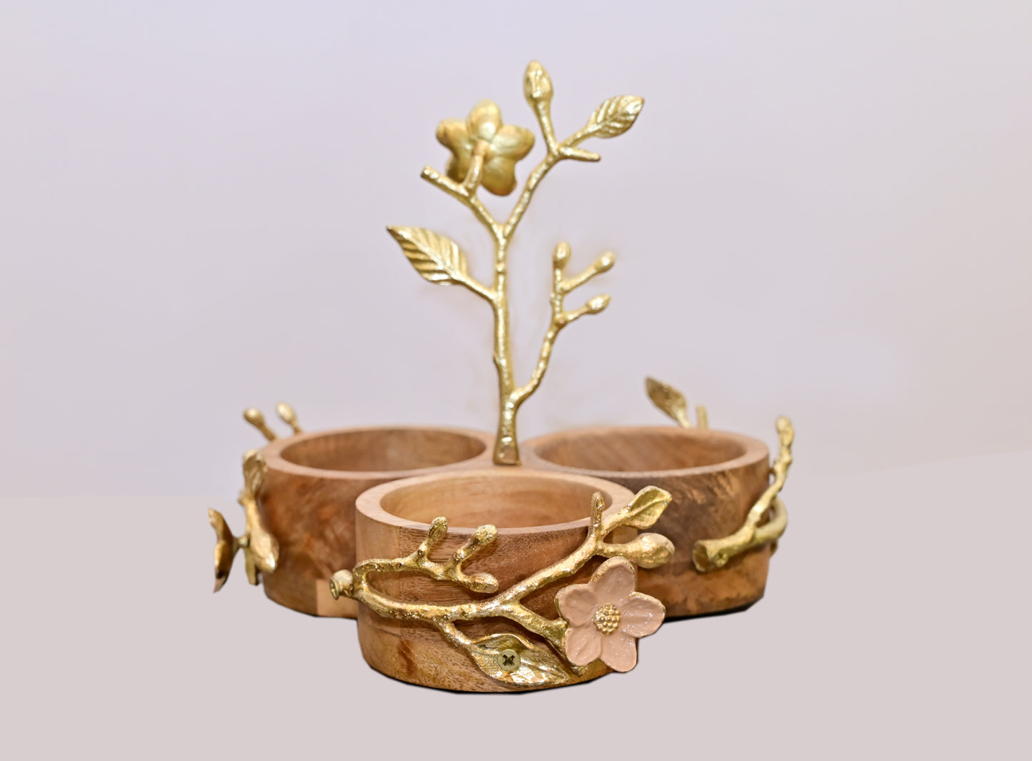 POSH-DIKUR Wooden Triple Serving Bowls With Floral Metal Design
