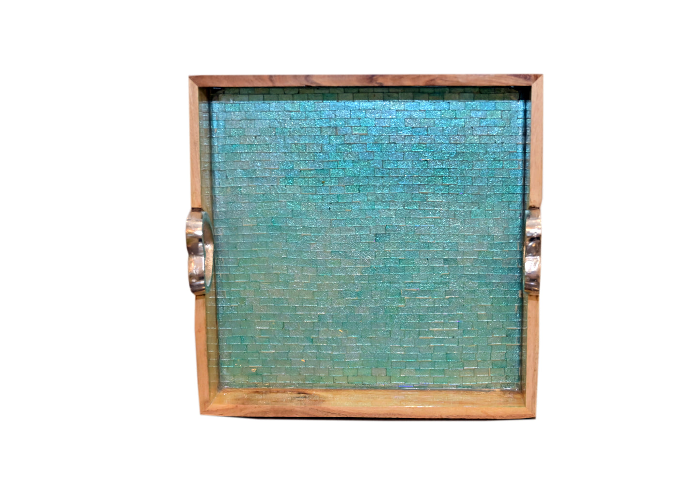 POSH-DIKUR Turquoise Coloured Wooden Tray with Metal Handles