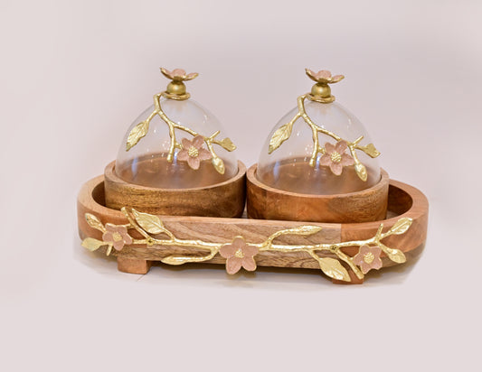 POSH-DIKUR Wood, Metal, and Glass Decorative Twin Snack Serveware with Tray
