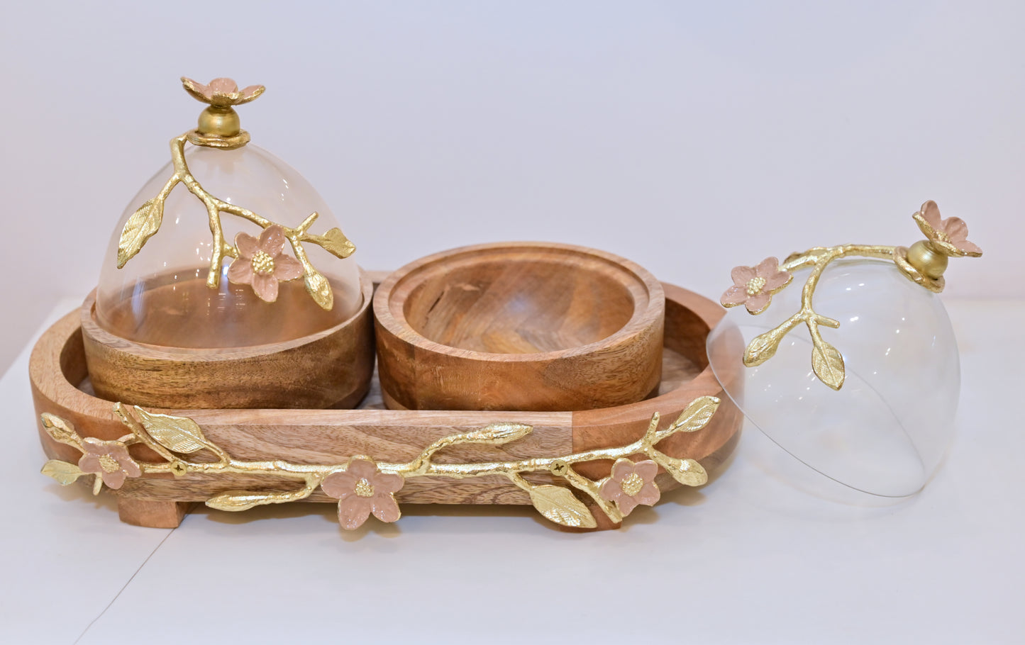 POSH-DIKUR Wood, Metal, and Glass Decorative Twin Snack Serveware with Tray