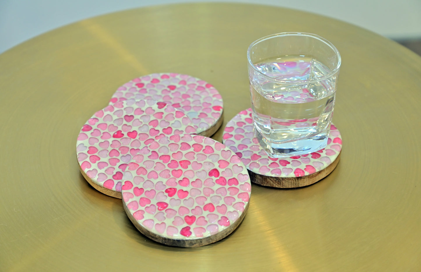 POSH-DIKUR Handmade Little Pink Hearts Wooden Coasters