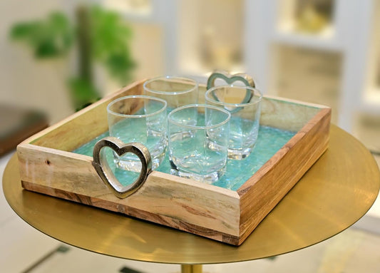POSH-DIKUR Turquoise Coloured Wooden Tray with Metal Handles