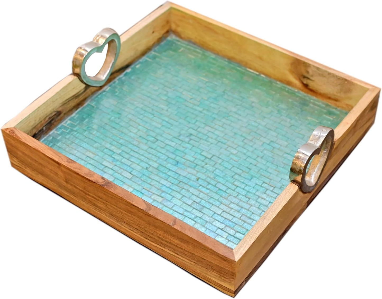 POSH-DIKUR Turquoise Coloured Wooden Tray with Metal Handles
